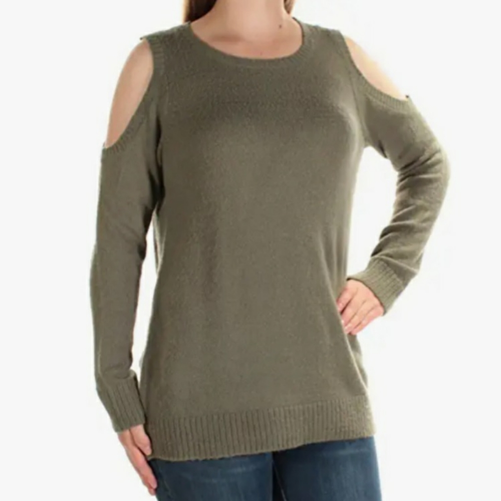 Kensie Sweater Large Green Cold Shoulder Soft Crew Neck